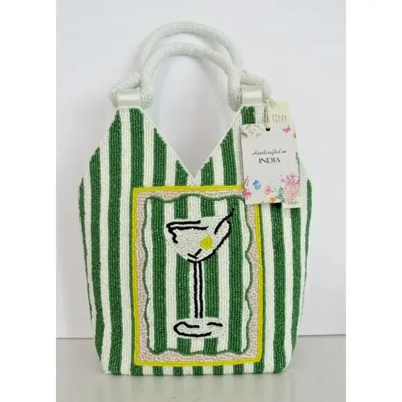 NWT Handcrafted in India Martini Beaded Bag Green & white Striped Tik Tok Viral - Picture 6 of 8